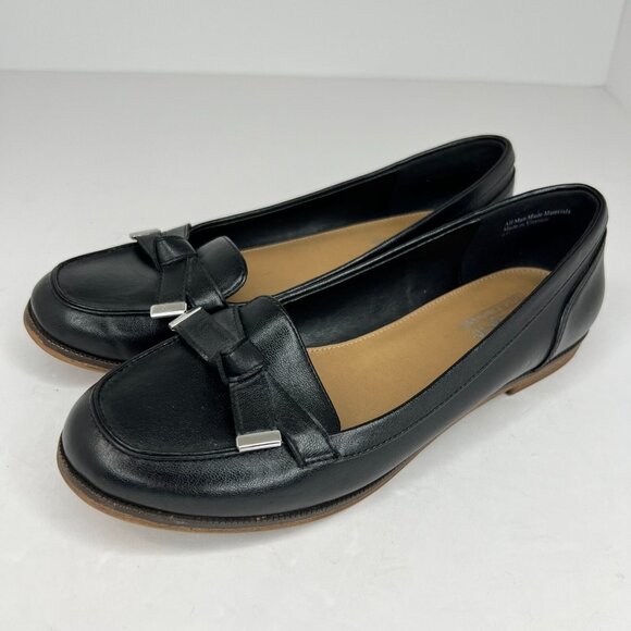 Coach And Four Womens Black Faux Leather  Slip On Bow Metal Tips Size 6.5 Flats - Picture 1 of 10